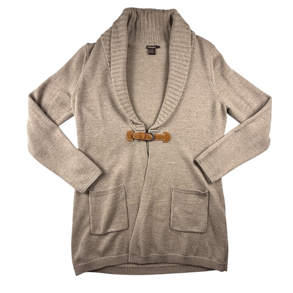 J. McLaughlin Sweater Cardigan Shawl S Tan Italian Merino Wool Buckle Boho Soft